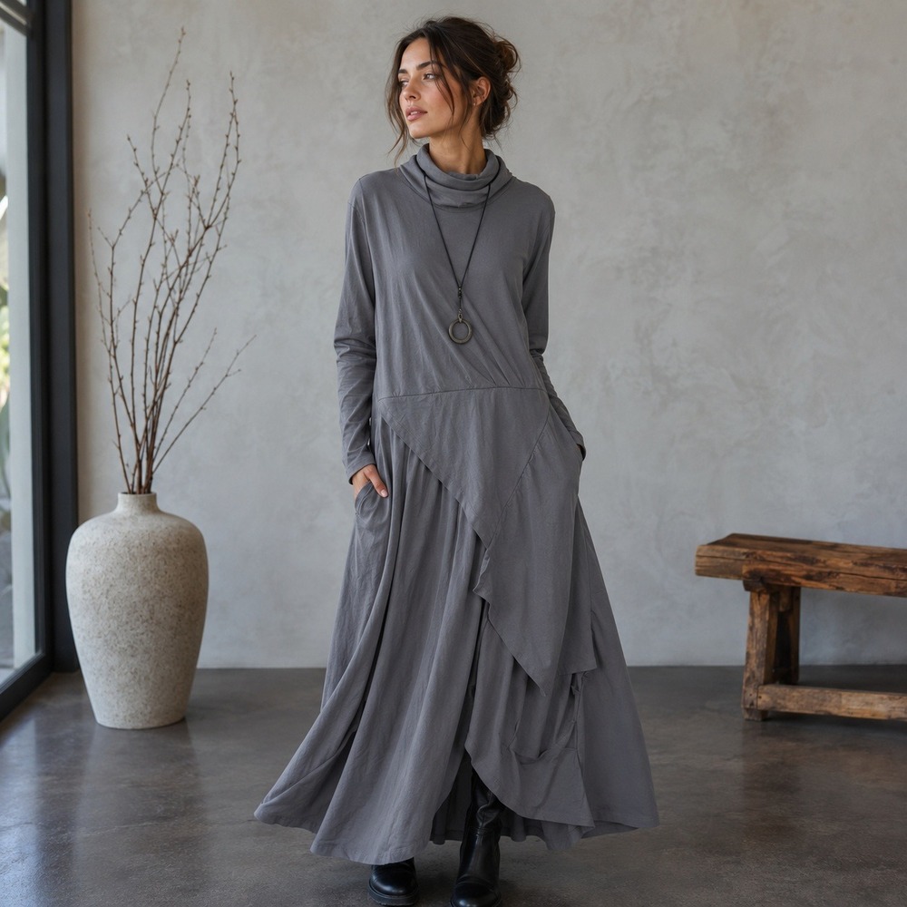 Modesees Charcoal Grey Asymmetrical Draped Maxi Dress Turtleneck Pockets XXL